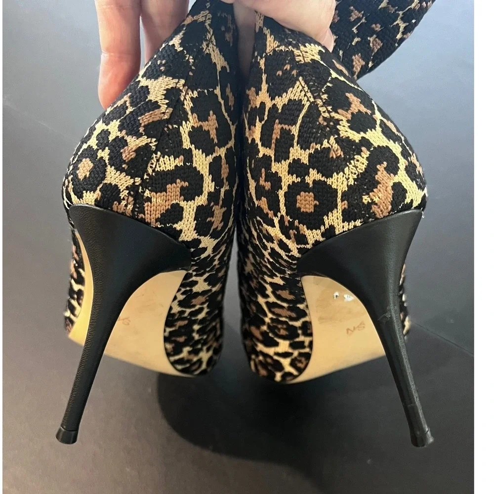 Something Navy Leopard Print Knit Sock Booties Pointed Toe Stiletto Heels Size 9